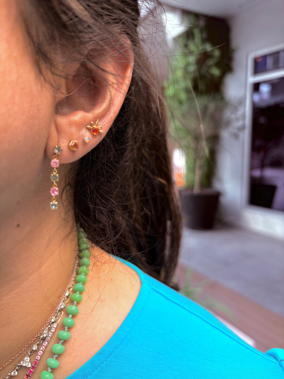 18K Yellow Gold Natural Pink and Green Sapphire Dangle Earrings