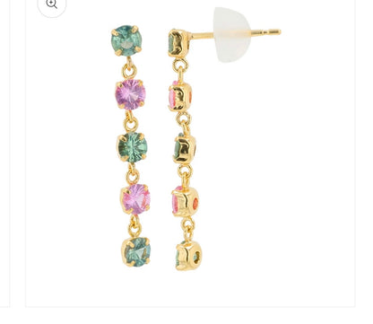 18K Yellow Gold Natural Pink and Green Sapphire Dangle Earrings