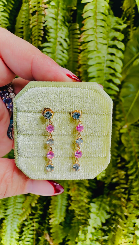18K Yellow Gold Natural Pink and Green Sapphire Dangle Earrings