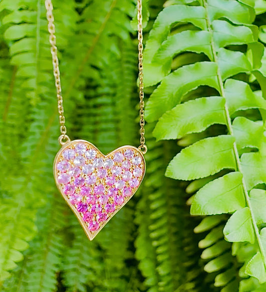 14K Yellow Gold Natural Ombré Pink Sapphire Heart Necklace