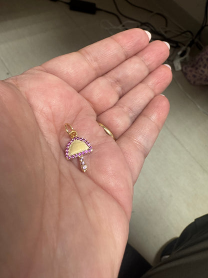 10k yellow gold mushroom charm with vibrant pink and light pink natural sapphires
