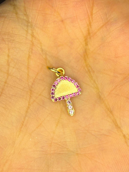 10k yellow gold mushroom charm with vibrant pink and light pink natural sapphires