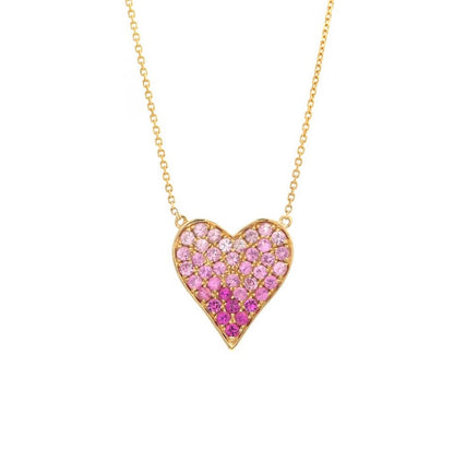 14K Yellow Gold Natural Ombré Pink Sapphire Heart Necklace