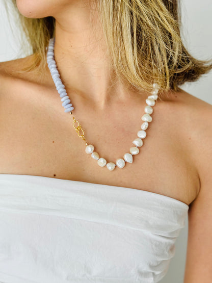 Blue Laced Agate Pearl Necklace