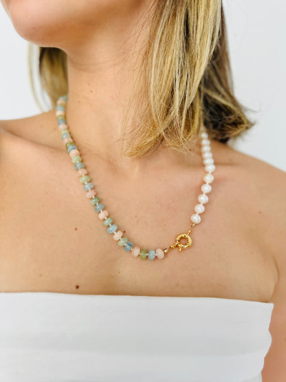 Aquamarine Beryl Morganite Pearl Necklace