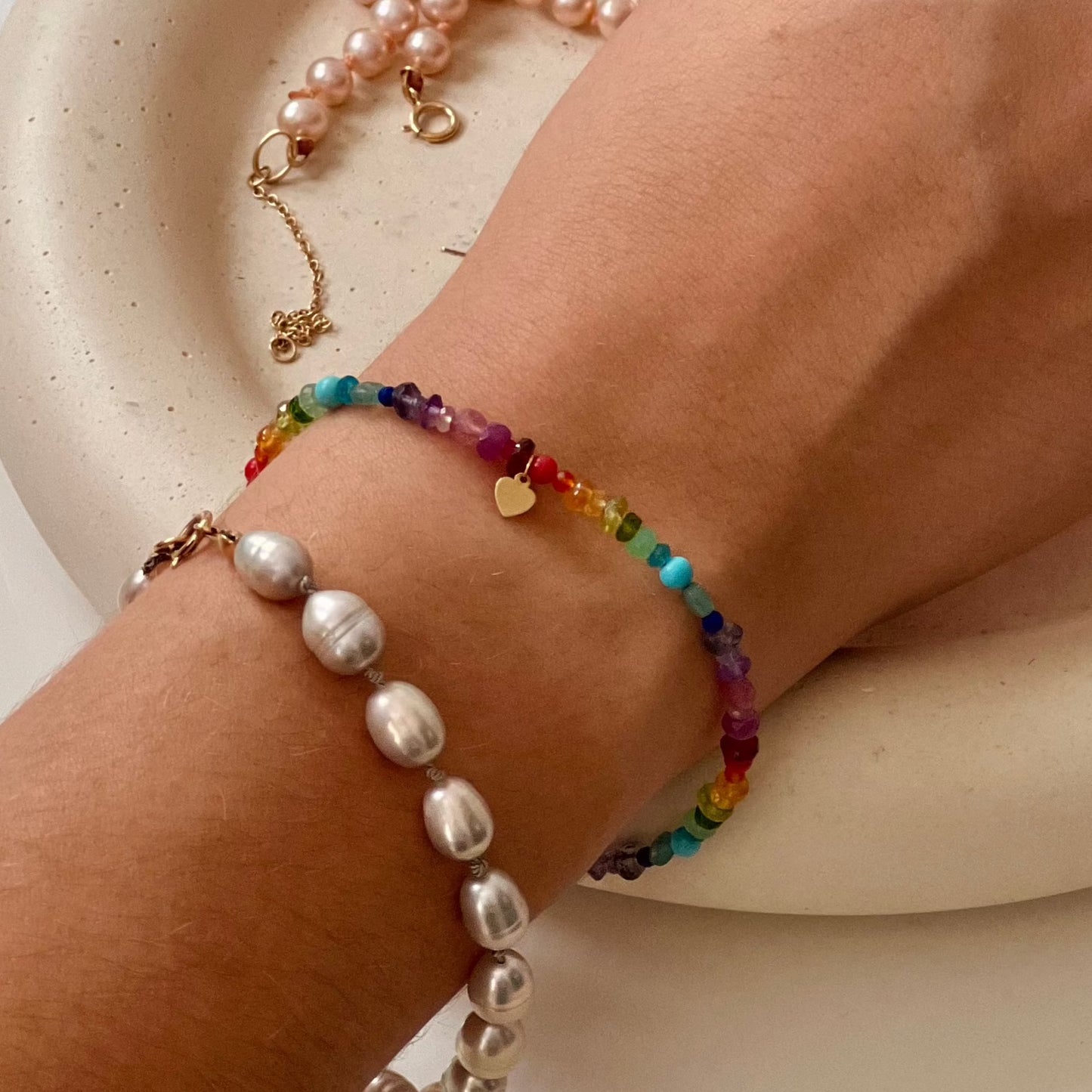 Multi-Gemstone Rainbow Drops Friendship Heart Bracelet