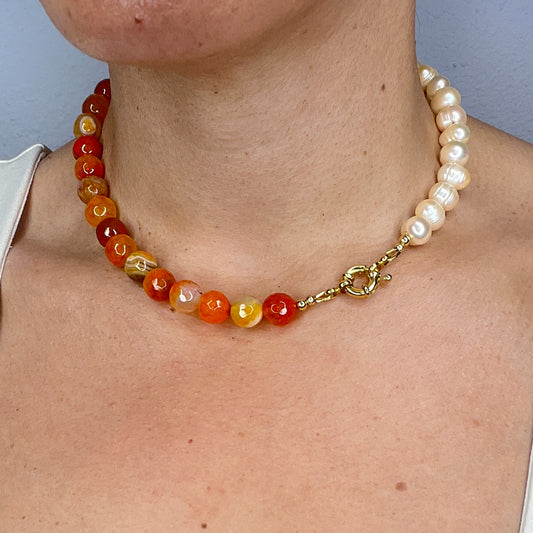 Orange Agate and Ivory Pearl Beaded Necklace