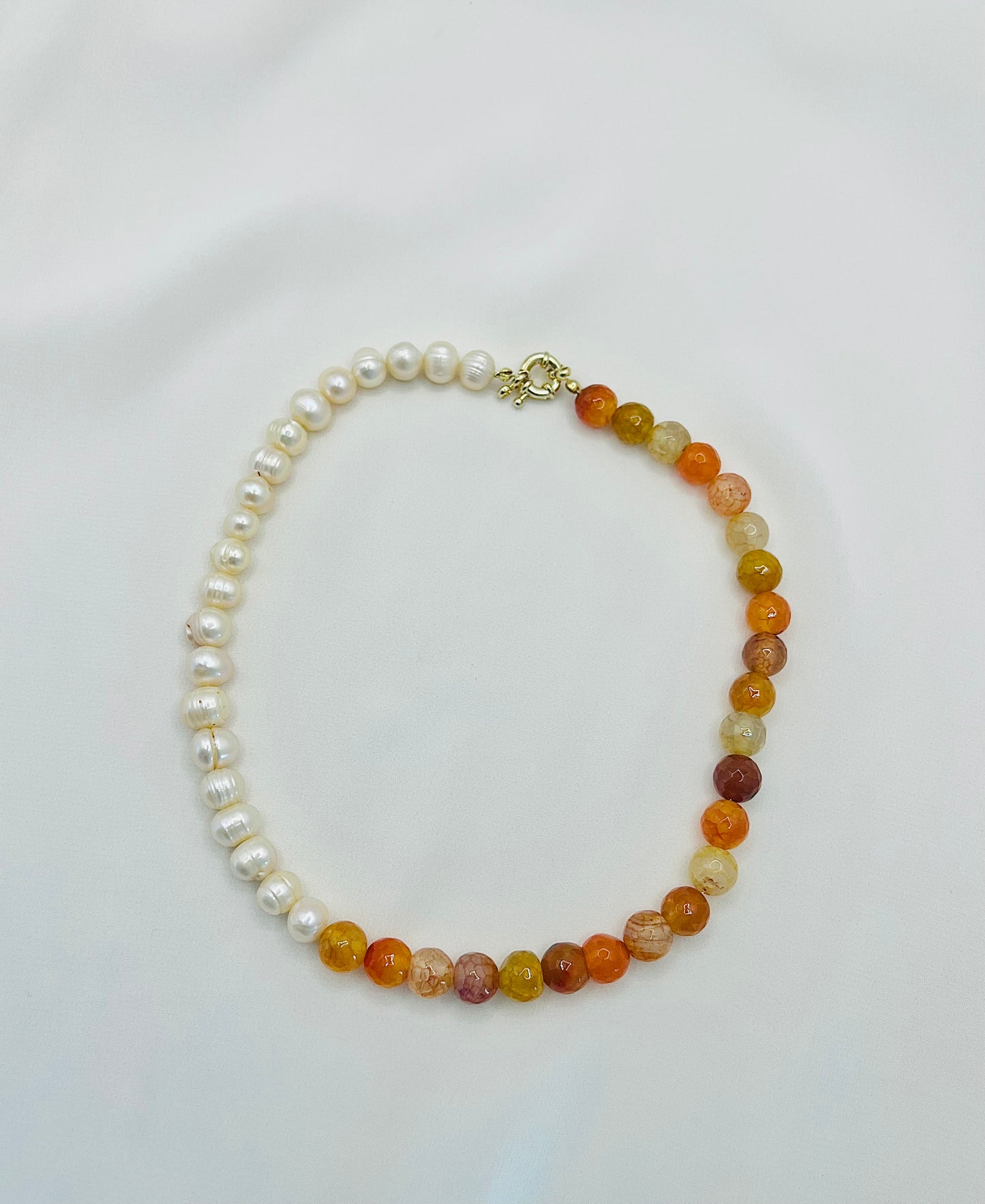 Orange Agate and Ivory Pearl Beaded Necklace