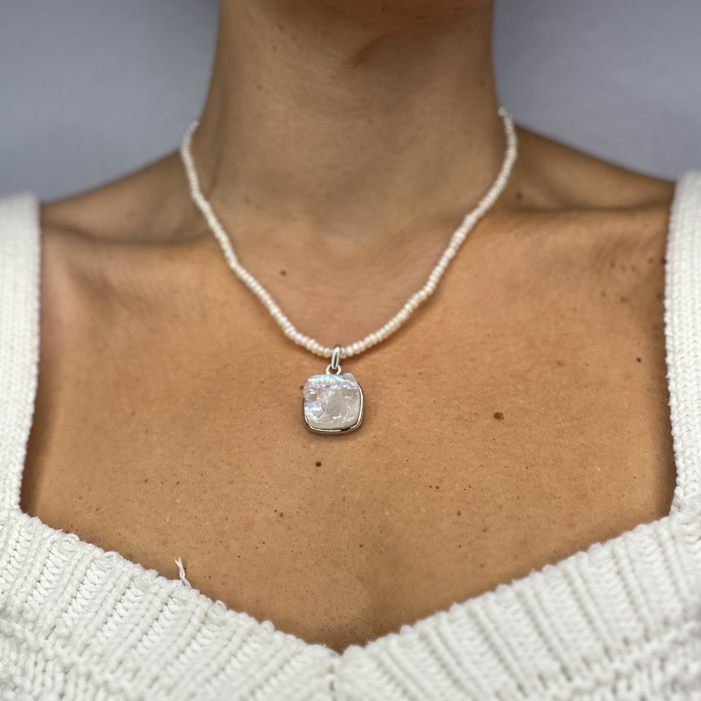 Freshwater Pearl Necklace with Raw Moonstone Pendant