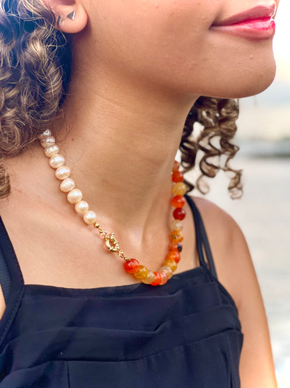 Orange Agate and Ivory Pearl Beaded Necklace