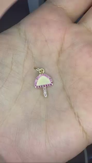 10k yellow gold mushroom charm with vibrant pink and light pink natural sapphires