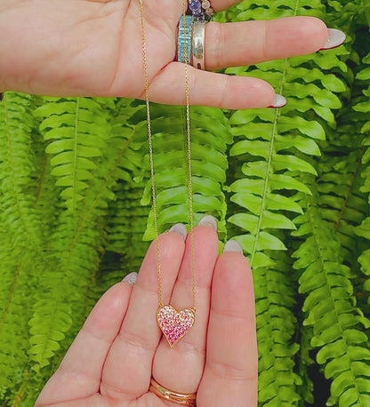 14K Yellow Gold Natural Ombré Pink Sapphire Heart Necklace