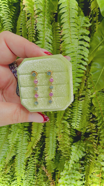 18K Yellow Gold Natural Pink and Green Sapphire Dangle Earrings